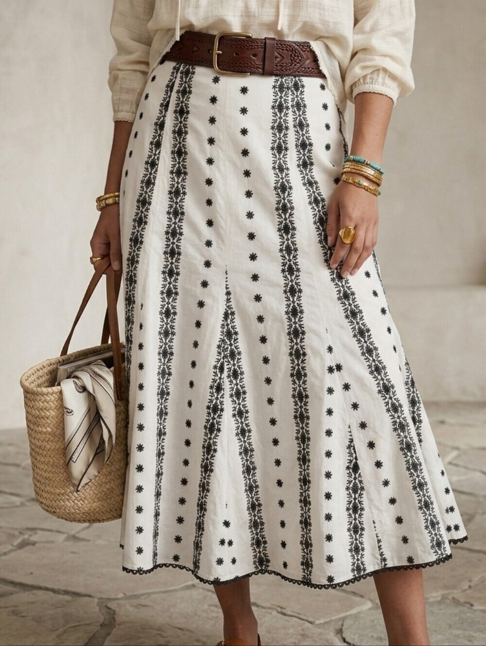 White Embroidered Eyelet Midi Skirt Contrast Scallop Trim Size 6 Boho